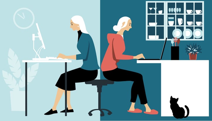 illustration of woman working in an office on the left and working from home on the right